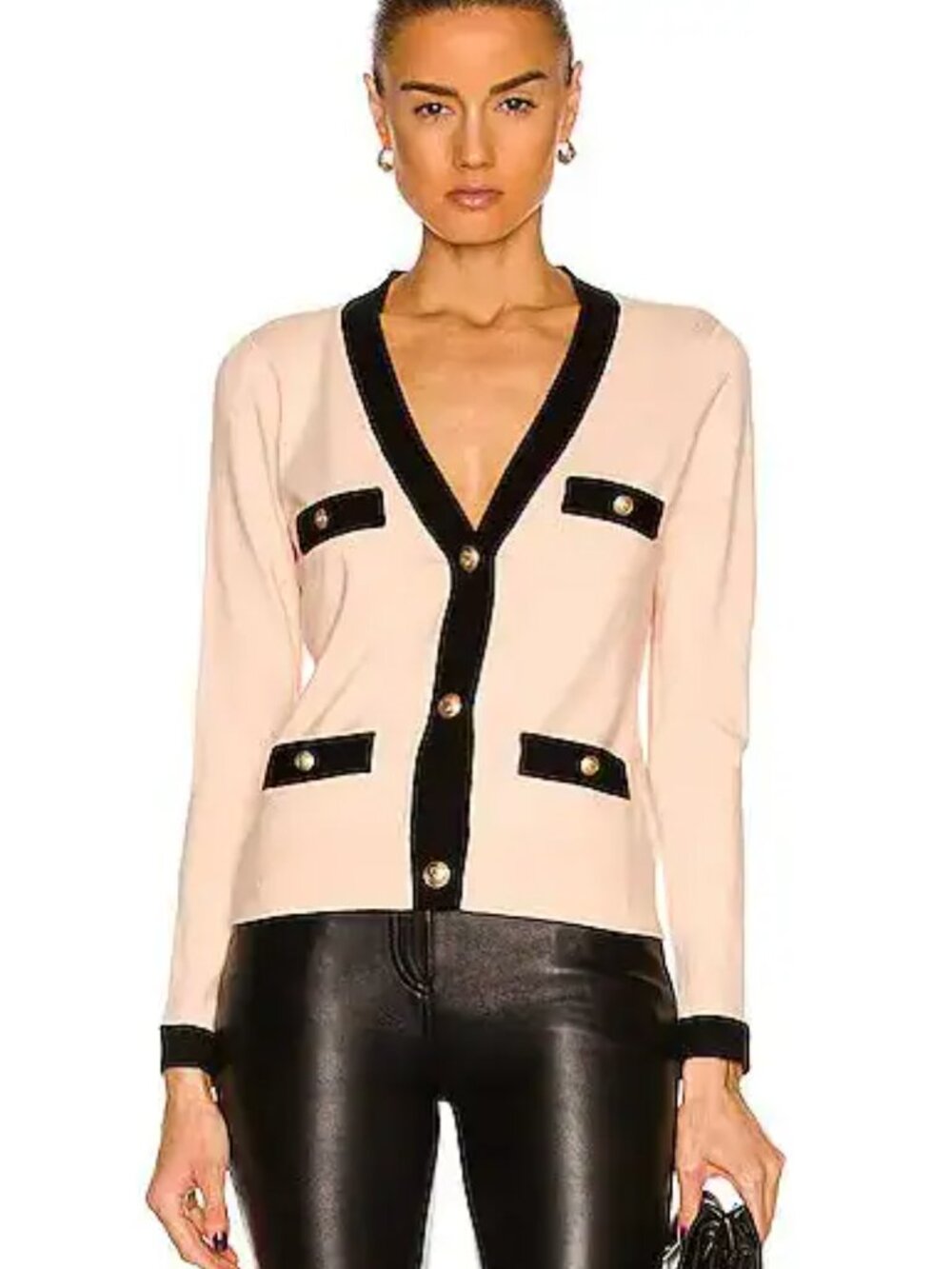 L'Agence Cyprus Short Cardigan – Blush / Black Trim (Size Large)